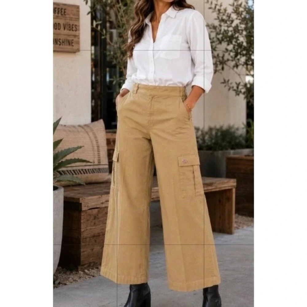 Dickies Womens Wide Leg Cargo Pants Khaki Tan Twill High Waisted FPR03S2K NEW